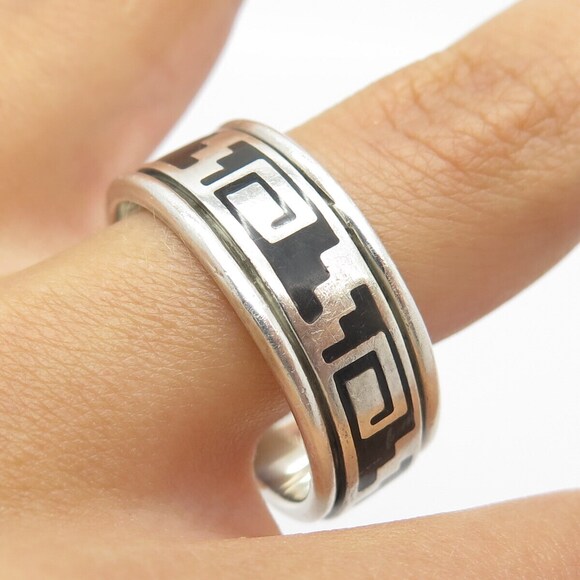 925 Sterling Silver Vintage Mexico Enamel Maze Movable Band Ring Size 13.25 - Picture 2 of 5